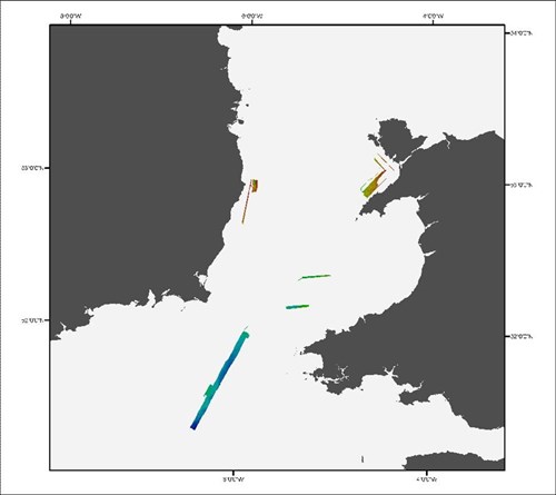 Map showing multibeam data collected during the HABMAP project.