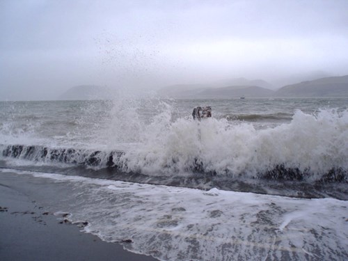 Storm waves breaking over sea-front defences and road sign